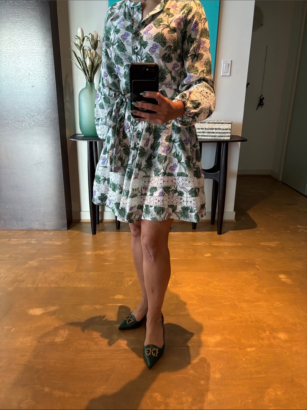Mango White Green and Purple Floral Tie-Waist Long Sleeve Dress